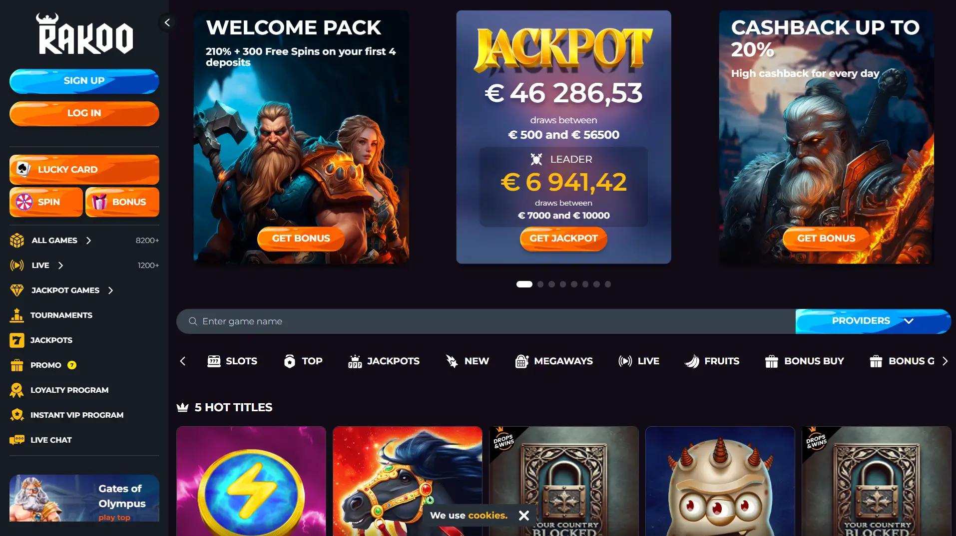 Rakoo Casino homepage mit Willkommenspaket, Jackpot-Zähler und Spielautomaten