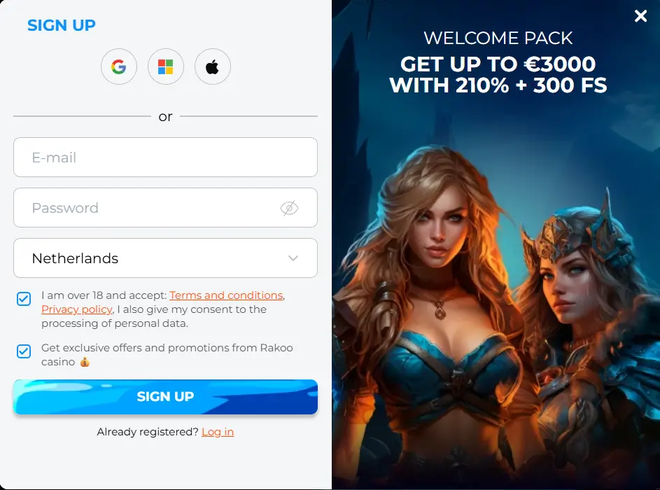 Rakoo Casino Registrierungsseite mit Willkommenspaket bis €3000 und 300 Free Spins
